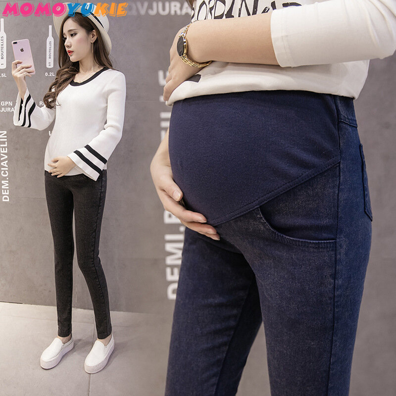 النساء ملابس الحمل بلون لينة جينز قطني مشاعل موضة للحوامل السراويل بنطلون جينز ل السراويل الأمومة