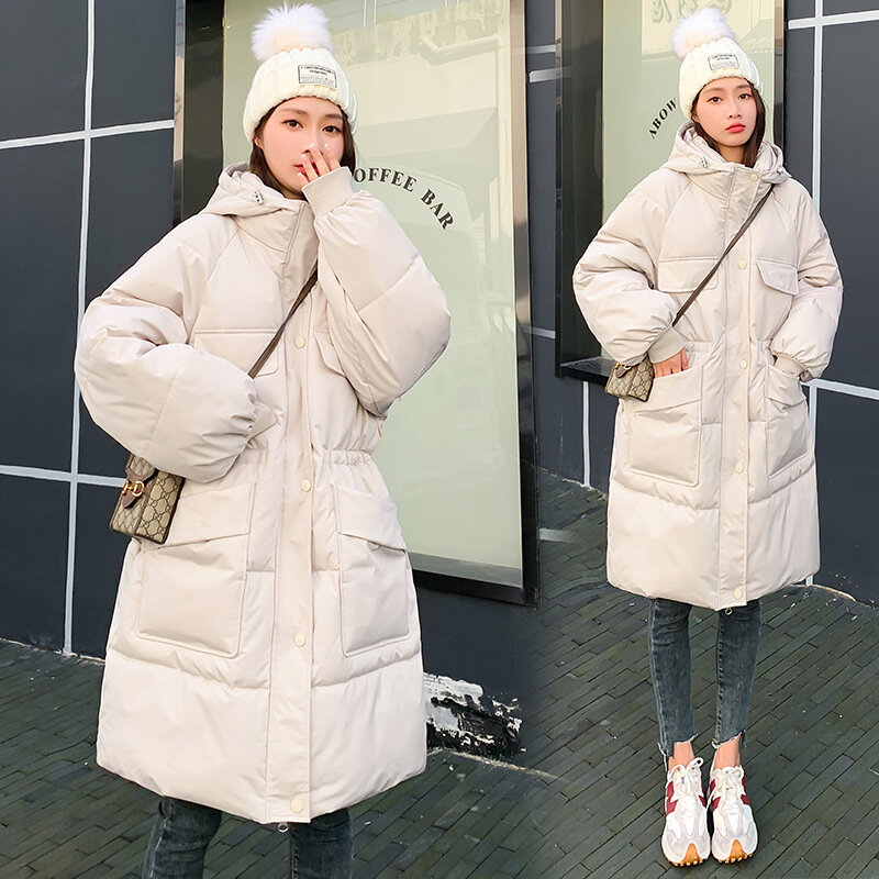 Casual sports cotton clothes women's 22 new thickened mid-length large pockets Korean version waist loose hooded jacket #1
