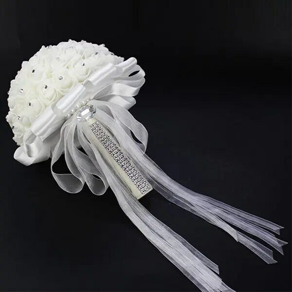 باقة من الحرير لوصيفات العروس ، زهور رغوية للزفاف ، وردة بيضاء ، ساتان أبيض ، باقة زفاف رومانسية