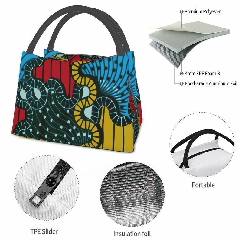 African Ankara Fabric Insulated Lunch Bags for Women Tribal Geometric Art Resuable Thermal Cooler Bento Box Work Travel