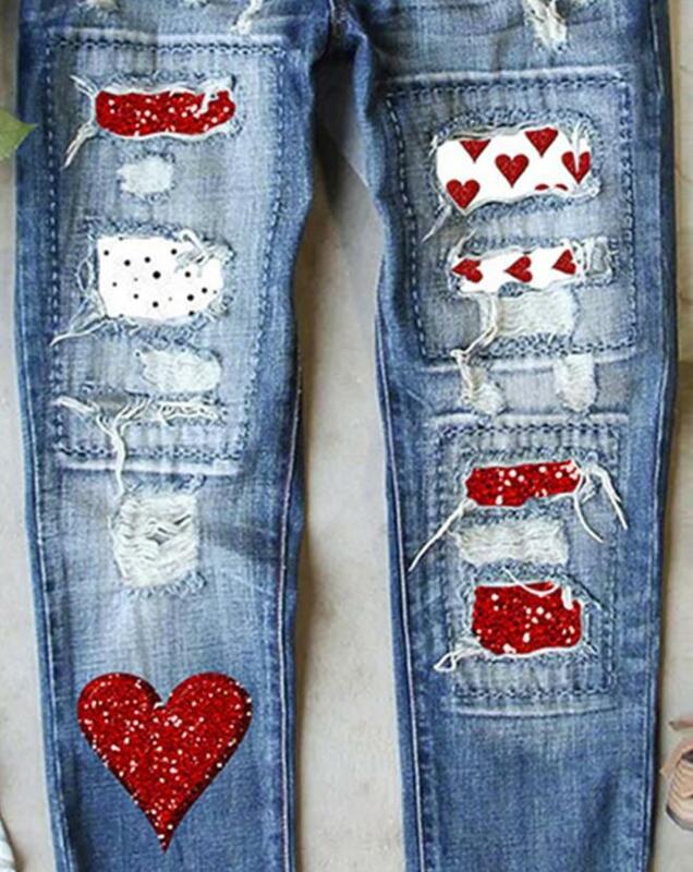 بنطال جينز عالي الخصر بتصميم قلب عيد الحب بتصميم جيب ممزق بنطلون دينم عصري يومي