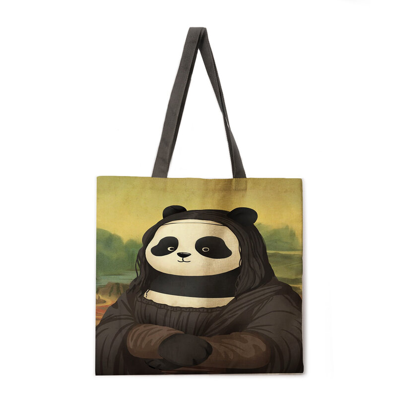 الكرتون الباندا السيدات حقيبة شاطئية قابلة للطي حقيبة كتف حقيبة تسوق مطبوعة حقيبة الكتان عادية حمل قابلة لإعادة الاستخدام #3