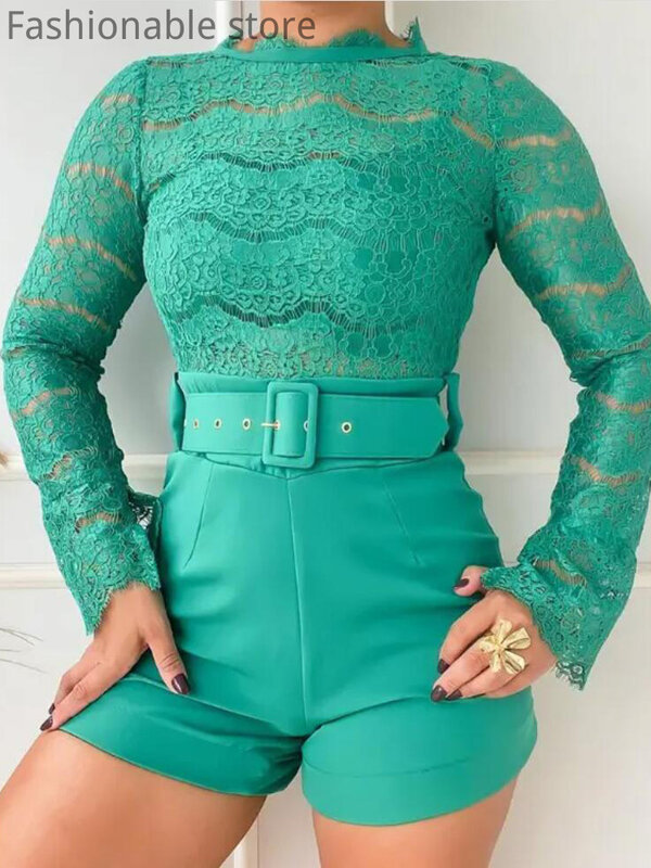 Women Elegant O Neck Long Sleeve Lace Top and High Waist Solid Color Shorts 2pcs Set With Belt