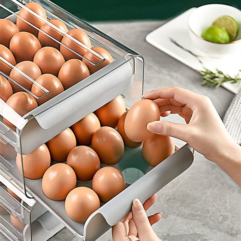 صندوق تخزين البيض طبقة مزدوجة صندوق بيض درج نوع الطازجة حفظ صندوق المطبخ الثلاجة البيض صينية مكافحة قطرة البيض حامل الحاويات