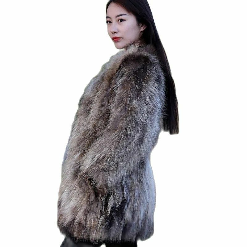 Haining's New Fox Fur Women's Coat Mid-length 2022 New Raccoon Fur Temperament Coat Winter Fur All-in-one V-neck Coat WomenTide