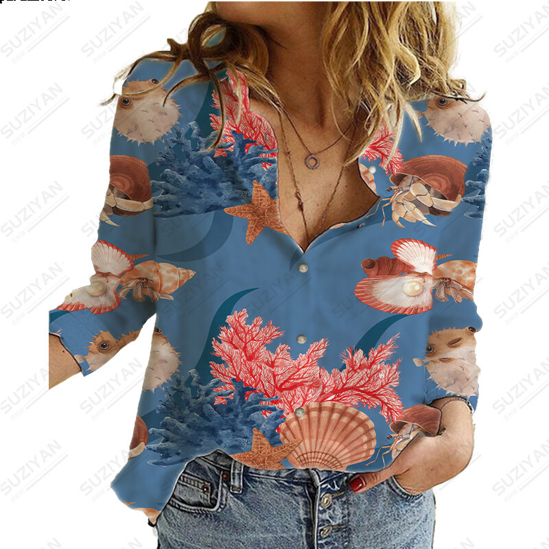 المرأة قميص Kawaii الفتيات المحيط الحيوان طباعة قميص علوي المرأة Y2k ملابس طويلة الأكمام قميص عطلة البلوز