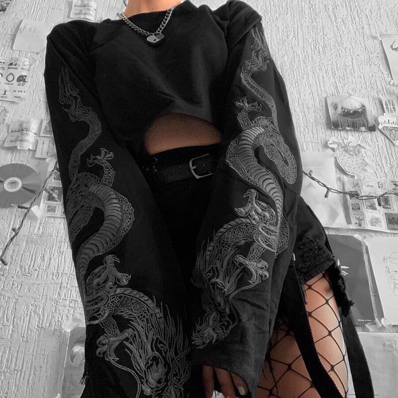 Gothic Dragon Print Pullovers Zip Up Women Fashion Casual Flare Sleeve O Neck Short Sweatshirts 2021 Dark New Fashion Crop Tops