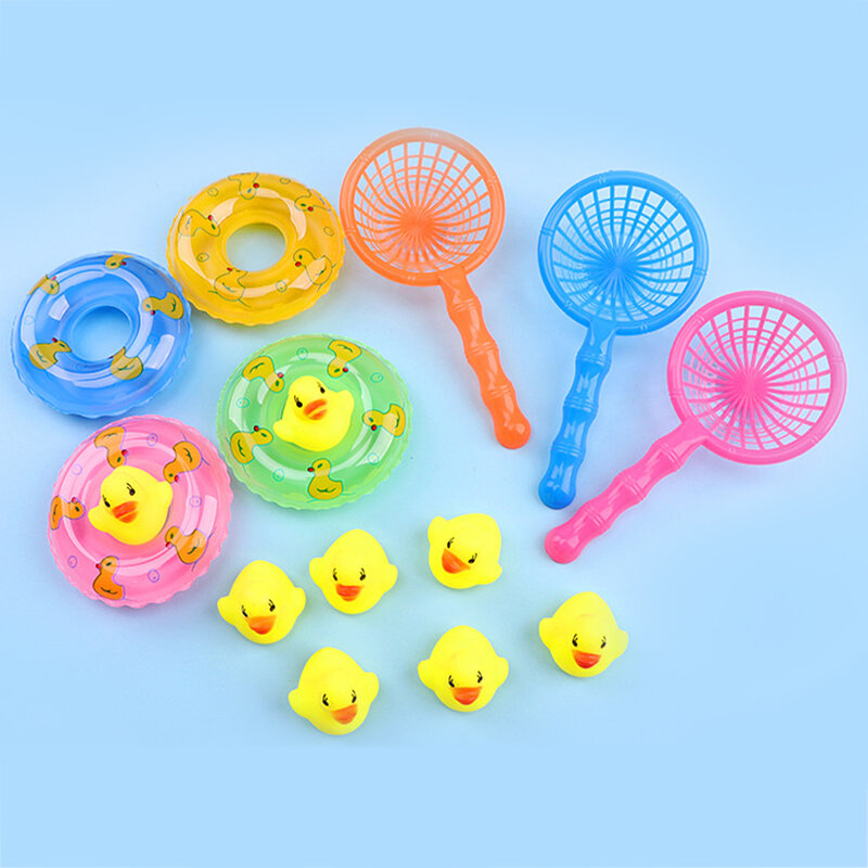 5Pcs/Set Kids Floating Bath Toys Mini Swimming Rings Rubber Yellow Ducks Fishing Net Washing Swimming Toddler Toys Water Fun