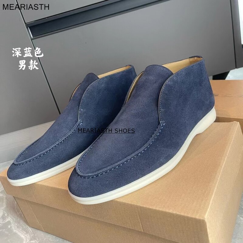 Suede High Top Men Loafers Flat Shoes Round Toe Slip On Causal Moccasins Driving Shoes Open Walk Shoes Women Short Ankle Boots