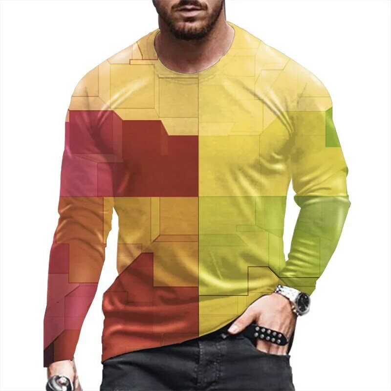 Men T-Shirt Long Sleeve Casual Loose Tops Element Rhombus 3D Print Tshirt Oversized 6XL Fashion Street Male Cotton TShirt 2022