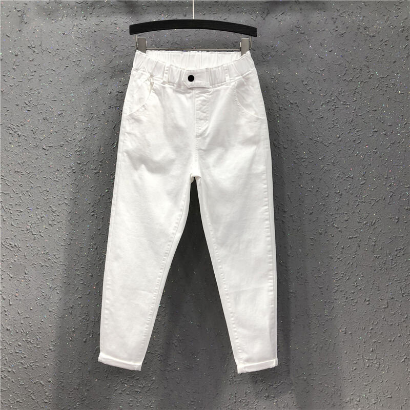 2022 New Arrival Summer Women Harem Pants All-matched Casual Cotton Denim Pants Elastic Waist  Size Yellow White Jeans