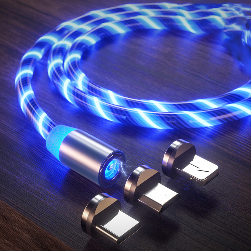المغناطيسي مضيئة الإضاءة كابل مايكرو USB نوع C كابل آيفون سامسونج شاومي LED تدفق ضوء المغناطيسي شاحن سريع تهمة