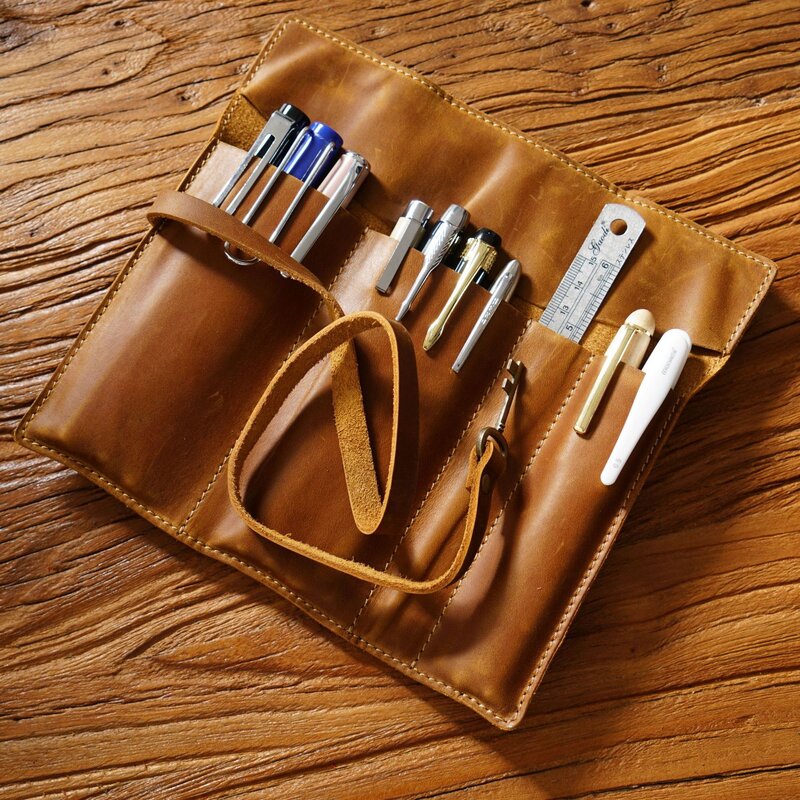حافظة أقلام الرصاص الجلدية حقيقية التعادل حبل مع مفتاح أقلام حقيبة ريترو مدرسة مكتب القرطاسية طالب تخزين أكياس اليدوية هدية