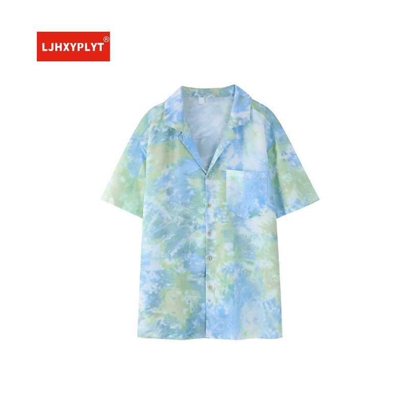 HK نمط الأزرق والأخضر التعادل صبغ الأزهار قميص المرأة الصيف هاواي تصميم فضفاض قصيرة الأكمام قمم تي شيرت محايد بلوزة غير رسمية