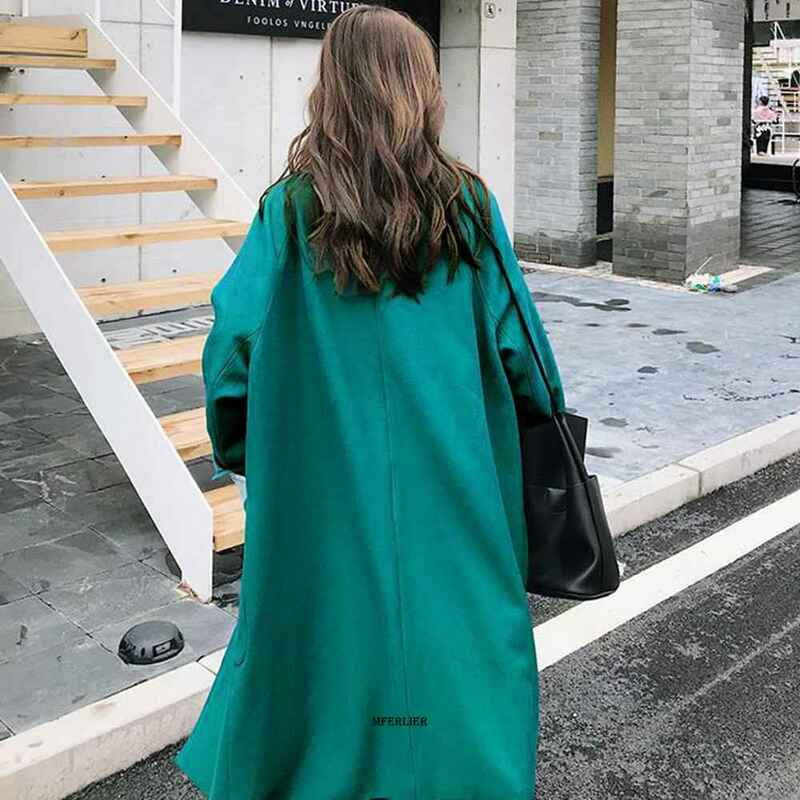 حجم 6XL 150 كجم الربيع النساء الصوفية طويلة خندق معطف الإناث طويلة دعوى طويلة الأكمام سيدة الاتجاه عادية الأخضر الأسود سترة أبلى
