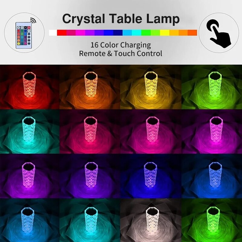 LED كريستال الجدول مصباح ضوء وردي بروجيتو 3/16 ألوان اللمس قابل للتعديل رومانسية الماس مصباح لتهيئة الجو USB اللمس ليلة الخفيفة