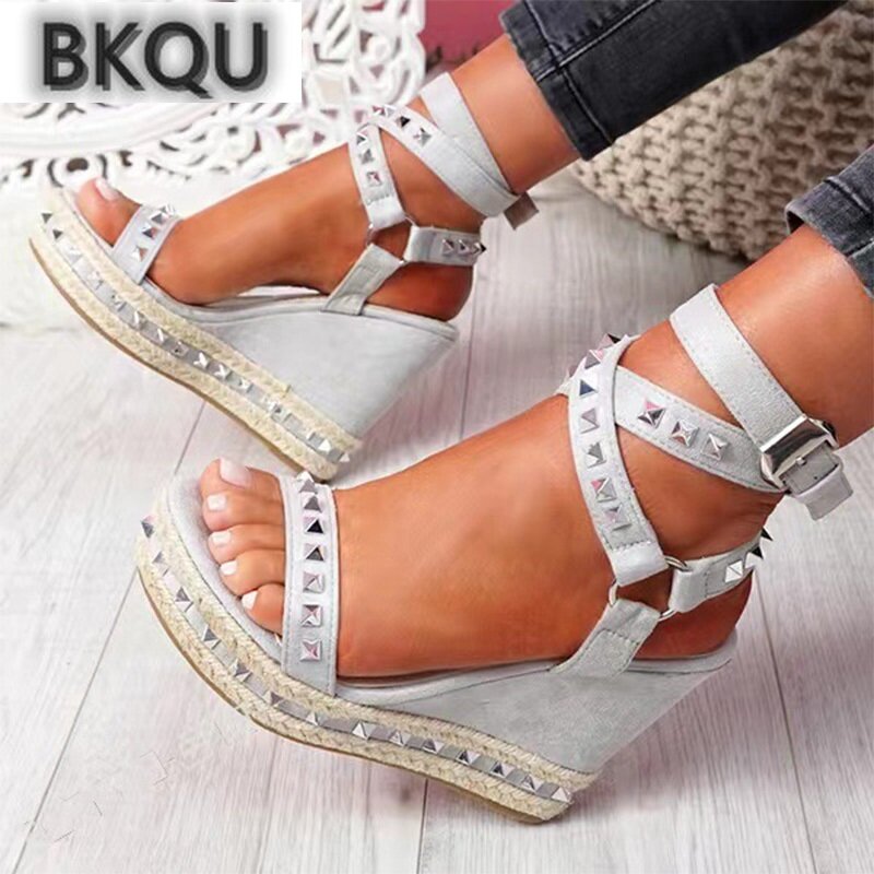 Women's Wedges Sandals Rivet Weave Ankle Strap Platform Ladies Shoes Summer Fashion Peep Toes Female Sandals Woman Sandal