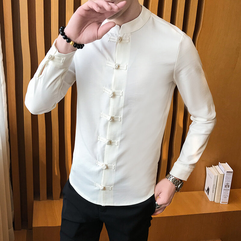 جديد ربيع 2021 قميص رجالي نمط صيني ملابس ضيقة اكمام طويلة قميص كاميسا ملابس مكتب اجتماعي قميص بياقة ماندرين