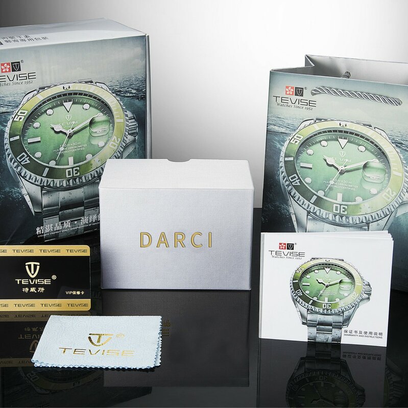 TEVISE الرجال الأخضر ساعة الحركة الميكانيكية ساعة اليد التقويم مقاوم للماء مضيئة الفولاذ المقاوم للصدأ حزام Hardlex سويسرا