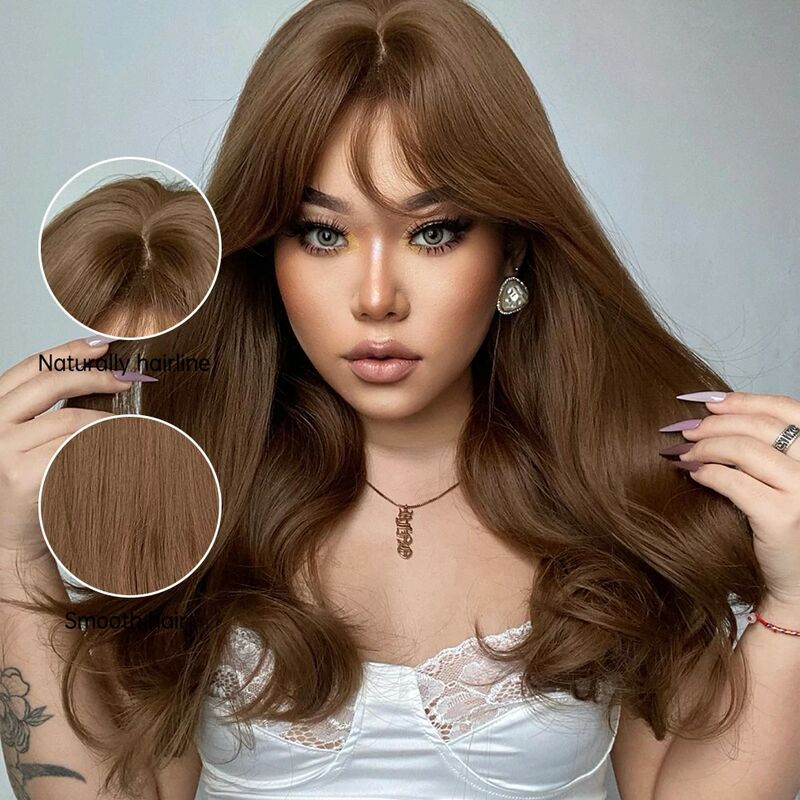 HENRY MARGU Long Honey Brown Synthetic Wigs with Bangs Natural Wave Wigs for Afro Women Heat Resistant Cosplay Party Daily Hair #5