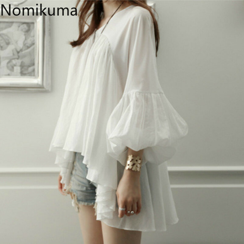 Nomikuma الكورية نمط قمصان بيضاء Blusas الخامس الرقبة نفخة كم بلون غير النظامية بلوزة شيفون المرأة عادية فضفاض بلايز 3c973
