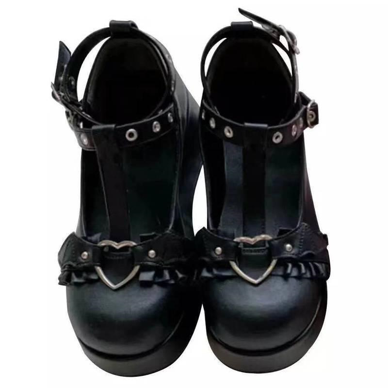 منصة الأحذية النسائية القوطية الشرير أحذية أسافين الكعوب السميكة لطيف JK لوليتا السيدات ريترو Harajuku حجم كبير 35-43 موضة جديدة