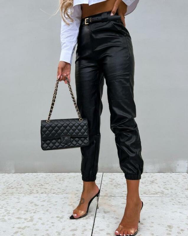 بولي Leather الجلود عالية الخصر مكبل السراويل الطويلة عادية موضة جديدة قيعان للنساء 2022 جديد الإناث الملابس بنطلون وتتسابق
