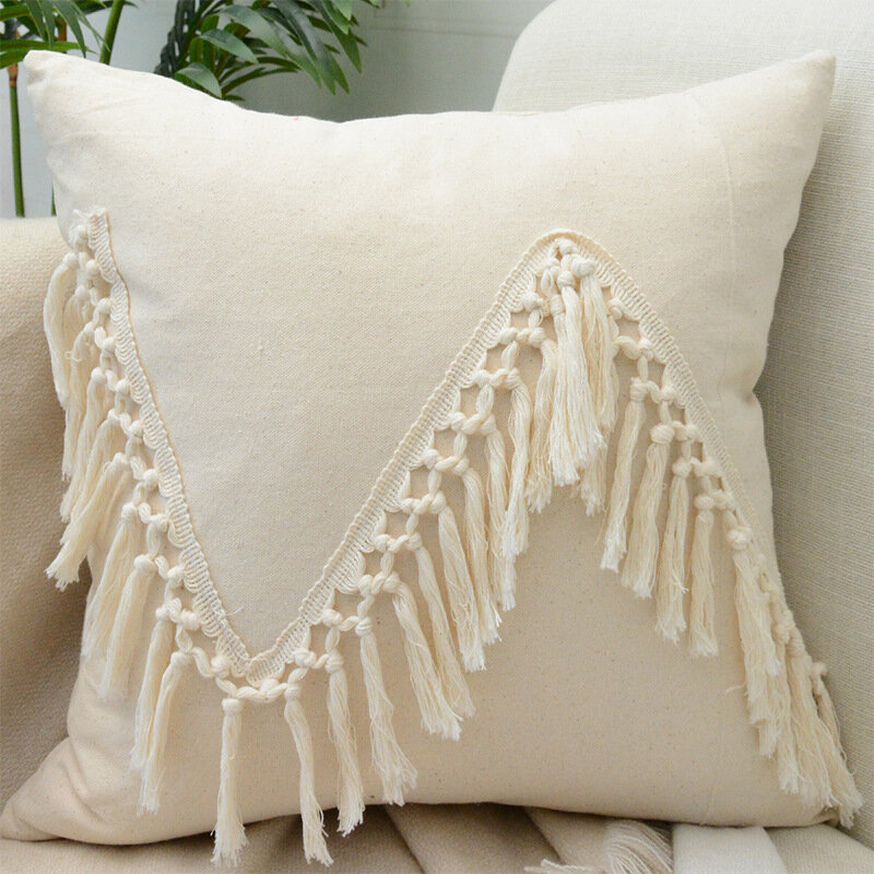 New Boho Beige Handmade Fringed Cushion Cover Cotton Weave Tassel Pillow Case Plain Wabi-sabi Pillow Covers Decorative for Home #2
