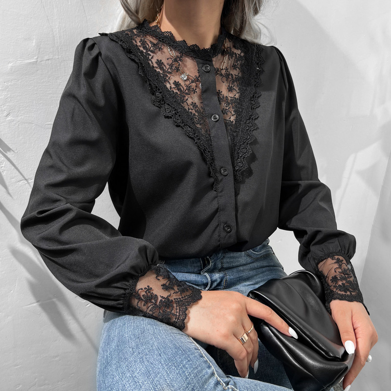 هوتشو نساء مثير الدانتيل المرقعة كم طويل ابيض قمصان بلوزة شبكة تصميم السيدات أفضل 2022 الخريف خمر قميص أسود موضة