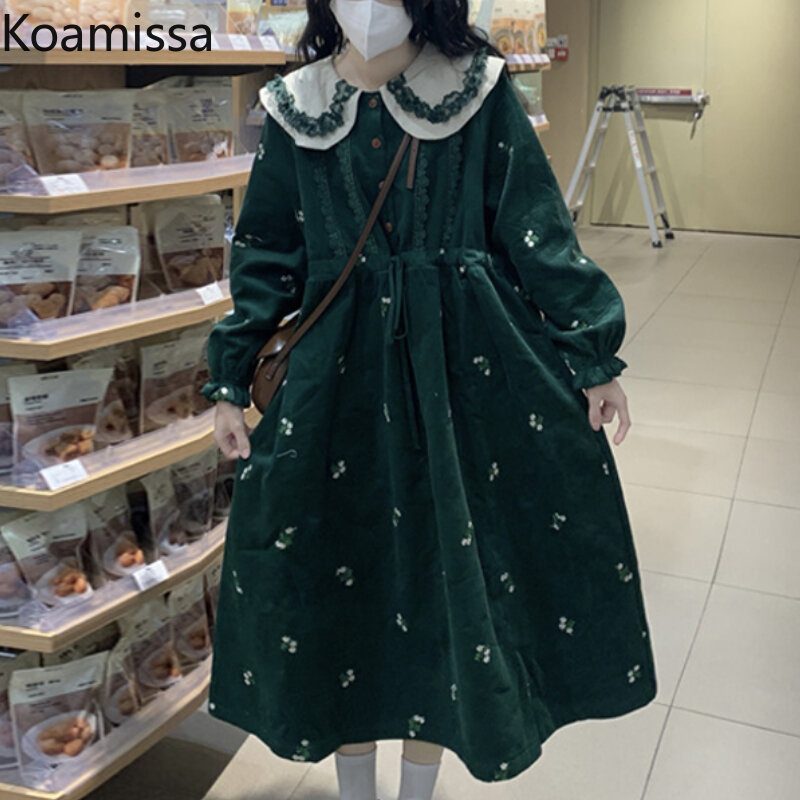 Koamissa Vintage Women Floral Maxi Loose Dress Spring Autumn 2022 Chic Korean Dresses Lace Up Peter Pan Collar A Line Vestidos
