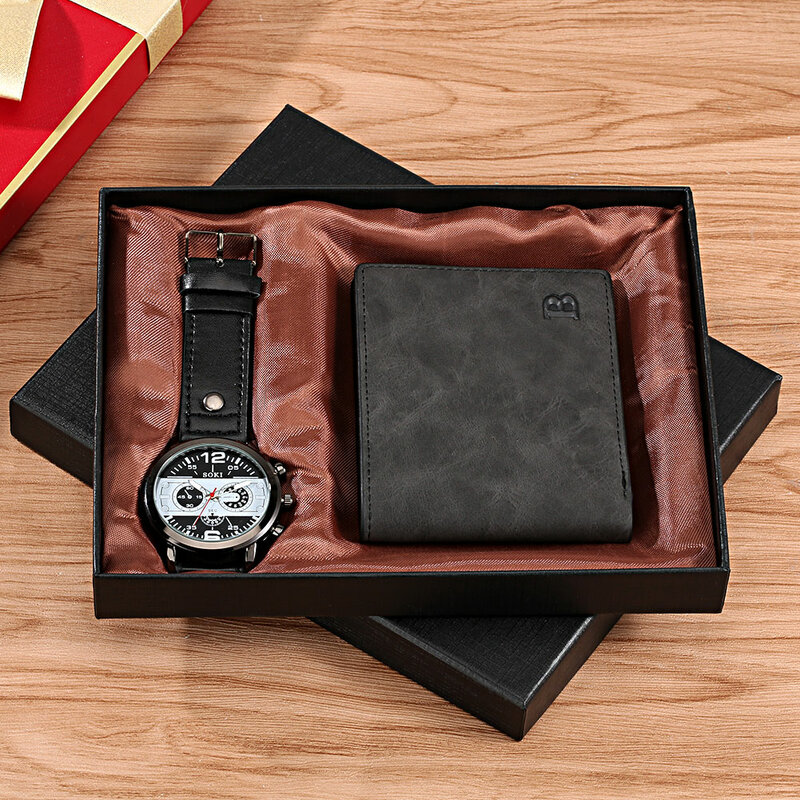 ساعة رجالي مجموعة عالية الجودة محفظة جلدية حزام بسيط الهاتفي موضة ساعات كوارتز هدية صندوق هدايا عيد ميلاد لصديقها الزوج