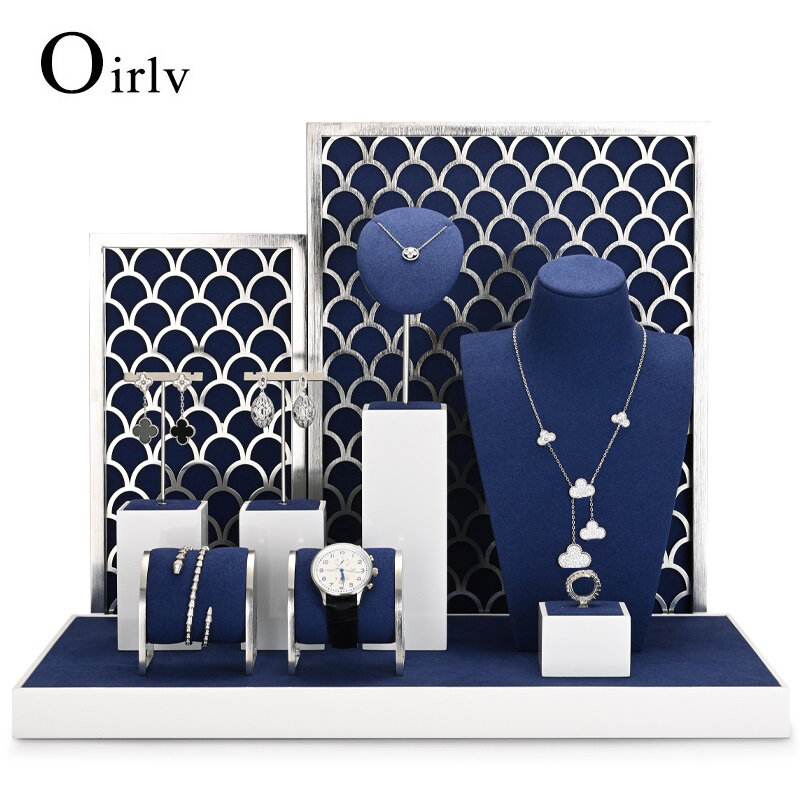 Oirlv الأزرق ستوكات مجوهرات نافذة عرض مجموعة مجوهرات عرضت تقف الدعائم ل ساعة الإسورة أقراط قلادة