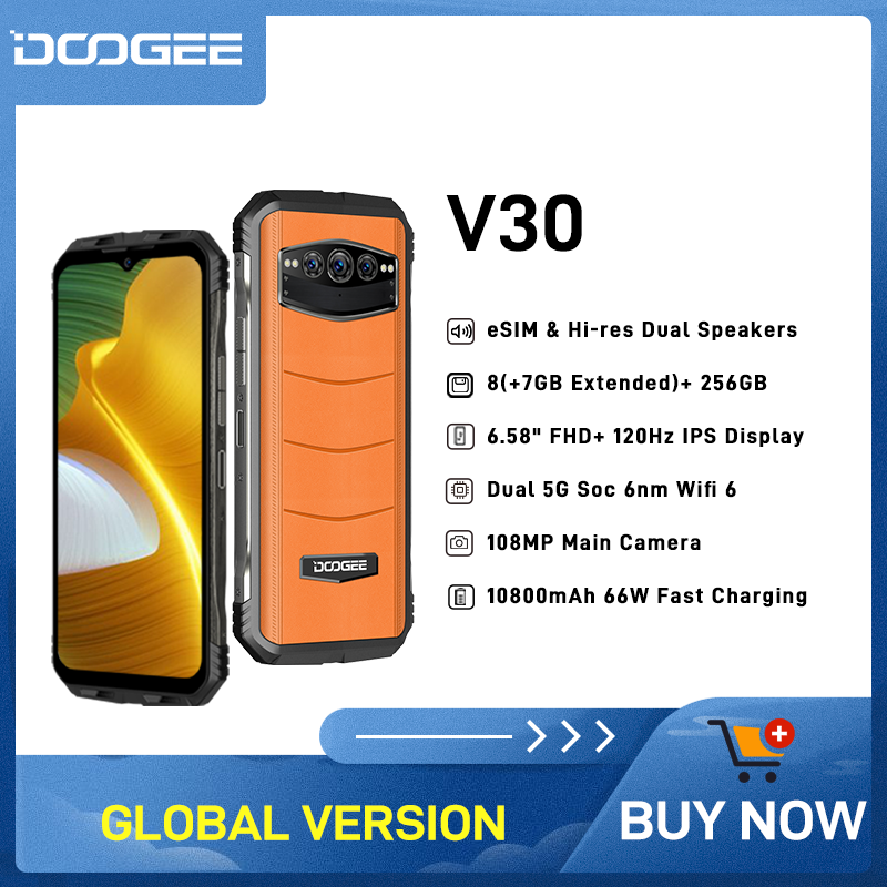 DOOGEE V30 eSIM سماعات مزدوجة 5G هاتف قوي 6.58 "FHD 120Hz عرض 8 + 256GB 108MP Ai الكاميرا الرئيسية 10800mAh بطارية الهاتف