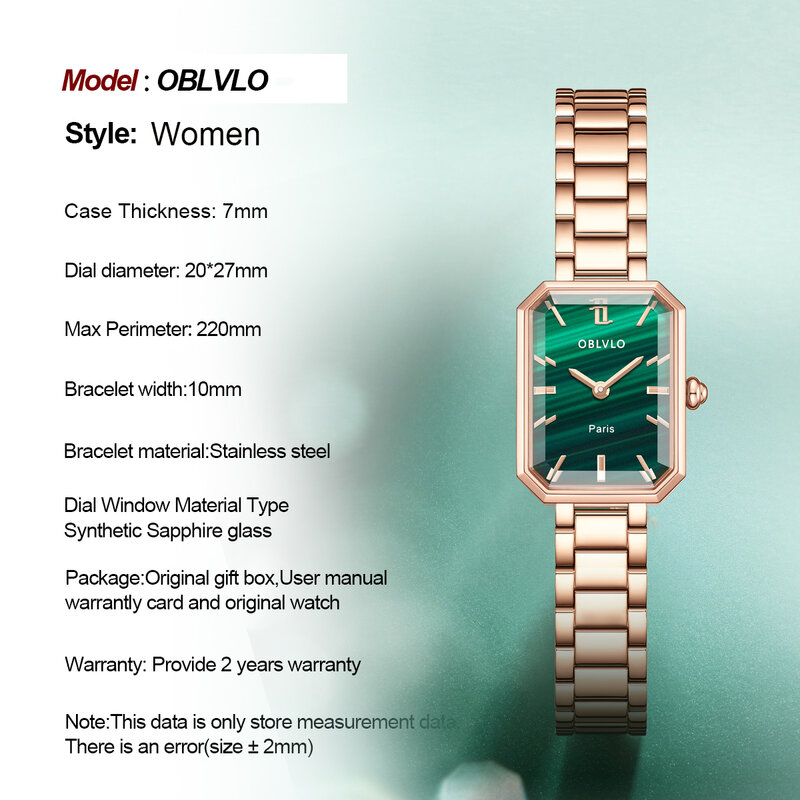 مستطيل فاخر الأخضر ساعة كوارتز للنساء الملكيت الفولاذ المقاوم للصدأ حزام الياقوت مقاوم للماء رائعة مستطيل ساعة 27 مللي متر LW