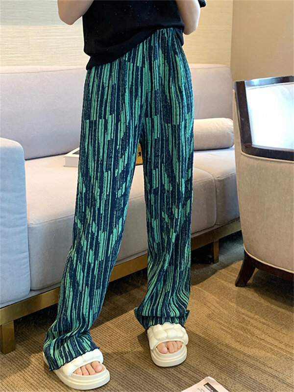 Wrinkled Texture Pattern High Waisted Wide Leg Pants Women's Summer New Design Contrast Color Thin Loose Casual Trousers Female