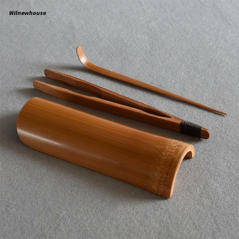 F63A 3 Pcs Handmade Bamboo Tea Set Smooth Edged Natural Tea Making Tool Kit Delicate