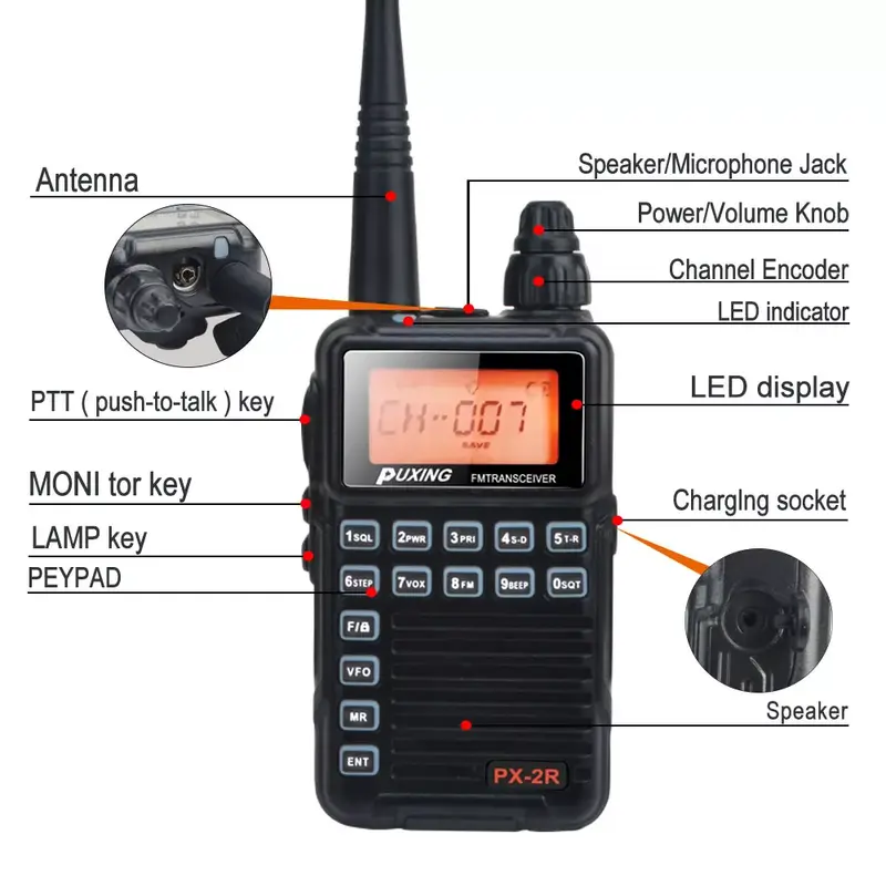 PUXING PX-2R VHF Mini Compact FM VOX Walkie Talkie 136-174MHz Single band Transmission, VHF UHF dual band reception 2W PX Radio