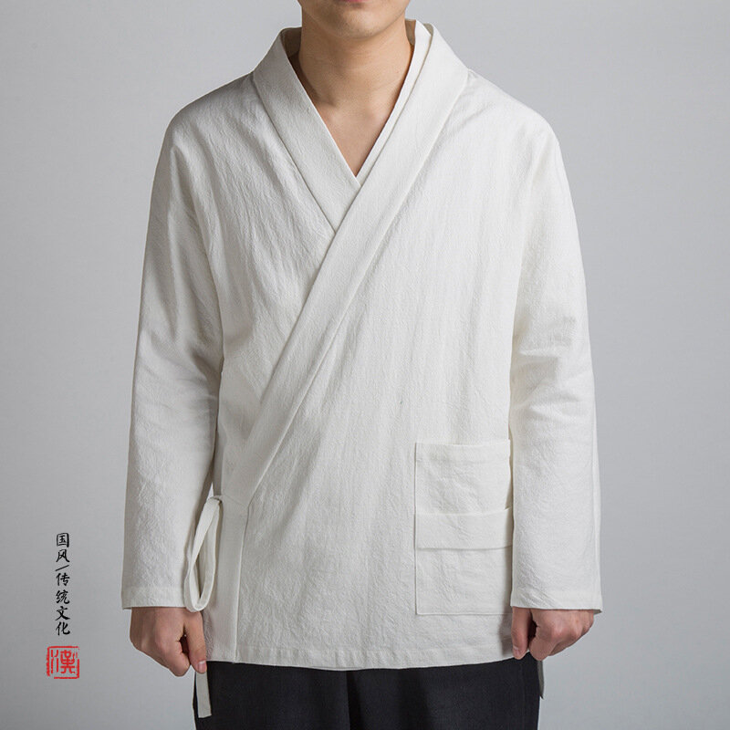 الصينية لوسيكيمونو سترة Hanfu الرجعية الكتان الرجال يوكاتا ثوب الكيمونو الياباني الساموراي الملابس حجم كبير بلون معطف رداء