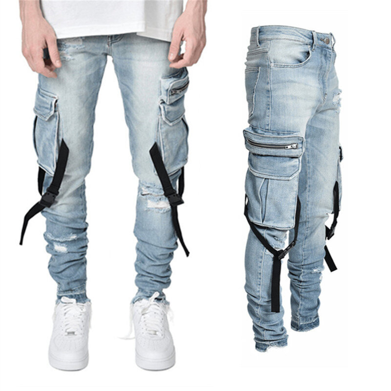 الجينز الرجال السراويل القطن عادية سراويل جينز متعددة جيب البضائع الجينز الرجال موضة جديدة الدنيم سروال شكل قلم رصاص جيوب جانبية البضائع