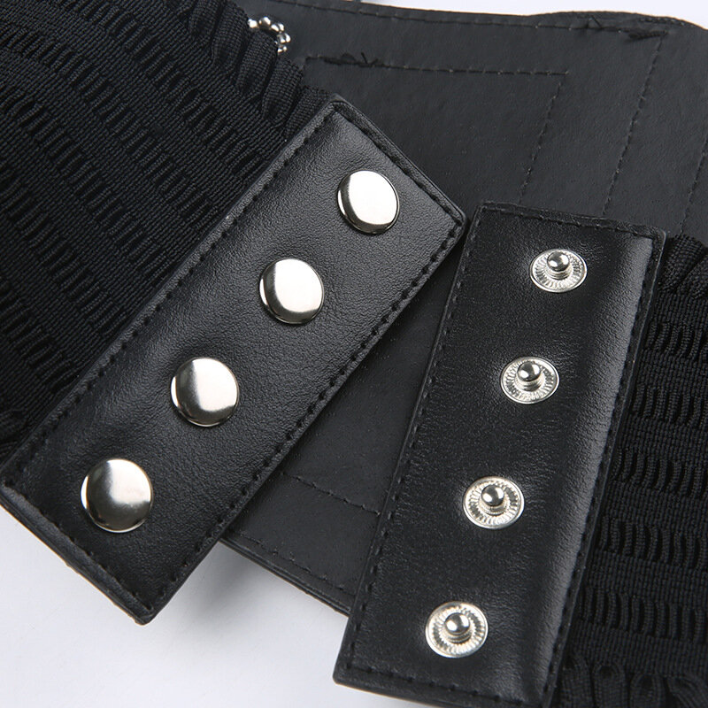 حزام كورسيه من الجلد الأسود مثير للشارع للسيدات بفتحات واسعة بأشرطة على شكل نجوم مكشكشة