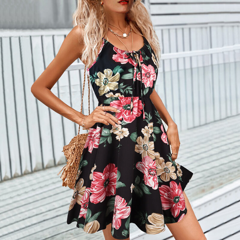 فستان صيفي قصير فضفاض غير رسمي للنساء ذو رقبة على شكل V مطبوع عليه زهور فستان صيفي أنيق للشاطئ