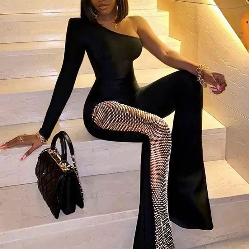 Sexy Mesh Patchwork One Shoulder Playsuits Women Elegant Solid Skinny Flare Pants Jumpsuit Fashion Lady Party Streetwear