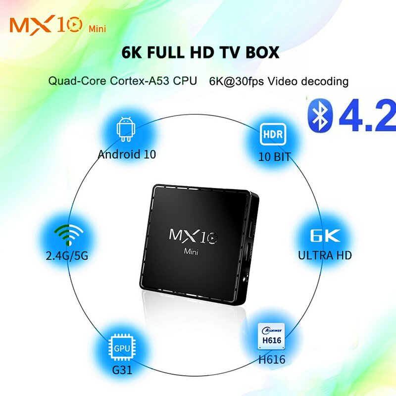 MX10 Mini H616 6K TV Box أندرويد 10 مع رباعية النواة 4GB RAM 64GB ROM واي فاي الذكية تعيين كبار وحدة التحكم IPTV OTT استقبال ل M3U ثلاثية الأبعاد 2021