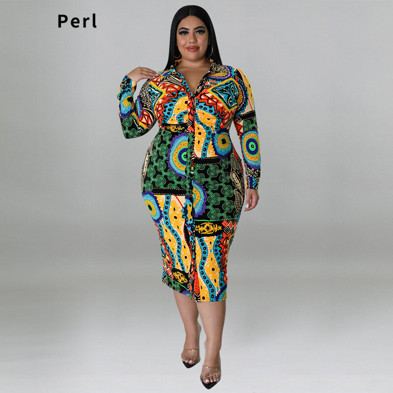 Perl مطبوعة منحني تي شيرت فساتين للنساء حجم كبير فستان كامل الأكمام كبيرة الحجم الإناث الزي موضة جديدة ملابس للسيدات 5xl
