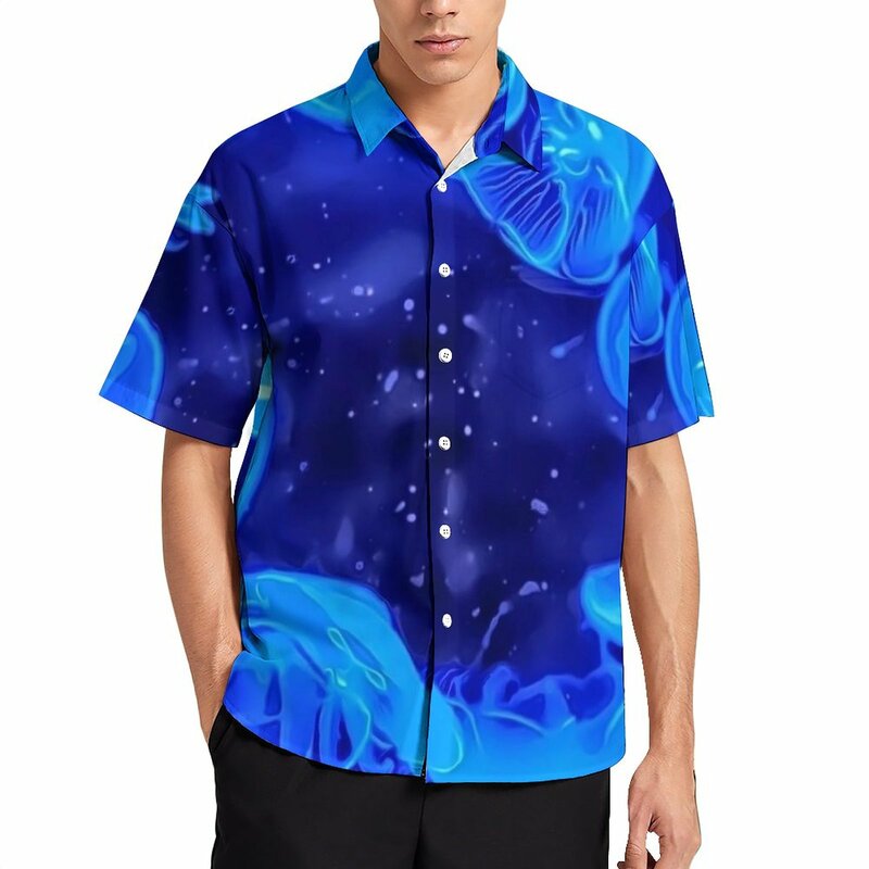 قميص غير رسمي مطبوع عليه سمك استوائي أزرق ، قميص فضفاض للشاطئ ، بلوزات صيفية قصيرة الأكمام مخصصة ، بلوزات كبيرة الحجم