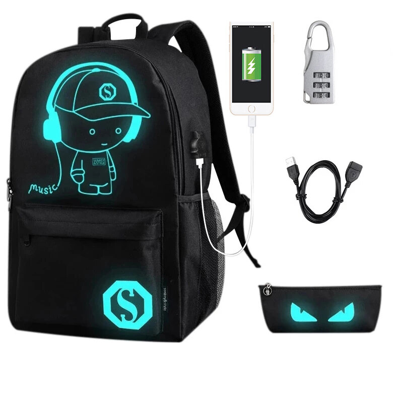 Unisex USB Charge Luminous School Bag For Teenagers Music Devil Cartoon Men's Backpack Student Book Bag Pack For Boys Girl Women #6