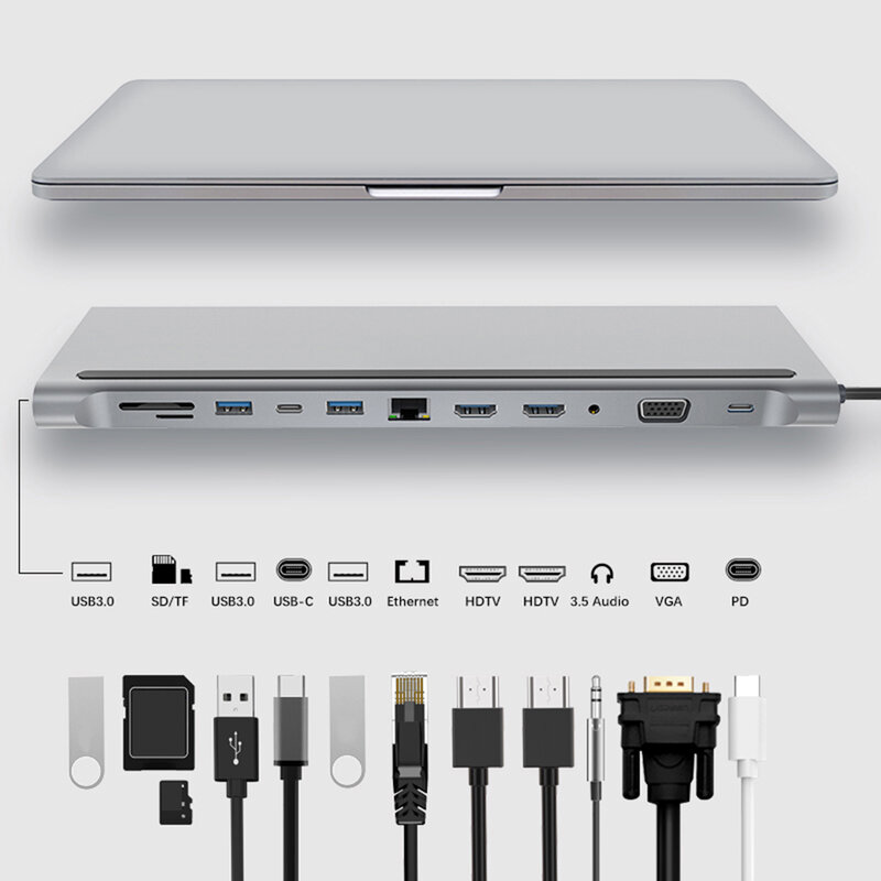 12 في 1 نوع-C محول محور USB 3.1 إلى المزدوج HDMI-متوافق 4K RJ45 VGA USB متعدد المنافذ الفاصل محطة الإرساء مع الصوت 3.5 مللي متر جاك