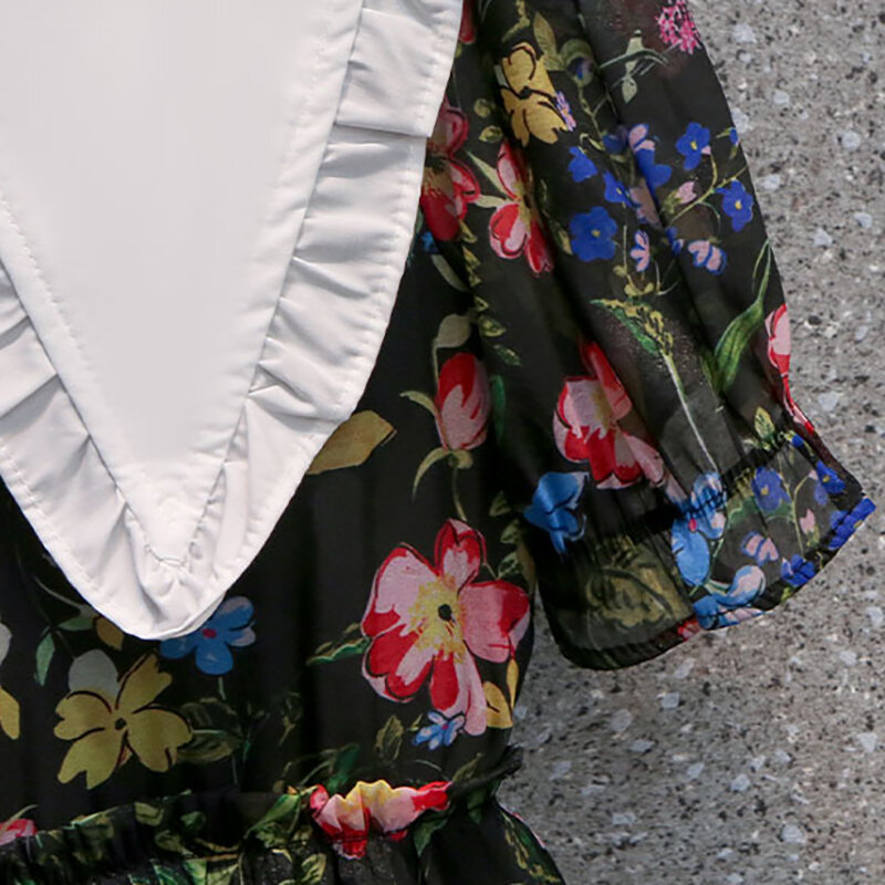 2023 أسود الأزهار المرقعة تكدرت دمية طوق ميدي فستان موضة عادية يتوهم المرأة فستان الصيف الكورية أنيقة فاخرة