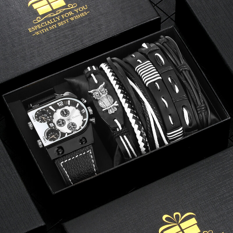 متعدد الوقت منطقة فاخرة ساعة رجالي مجموعة شخصية المنسوجة الجلود سوار أبيض الهاتفي عالية الجودة كوارتز ساعة اليد أفضل هدية صندوق #5