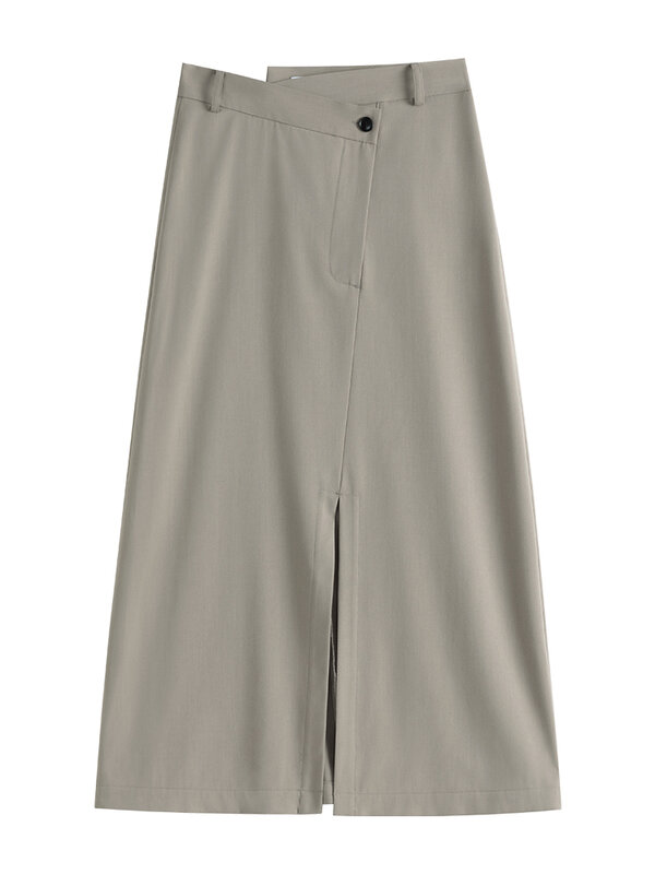 FSLE 2021 الخريف جديد عالية الخصر انقسام منتصف طول تنورة لون نقي مزاجه عدم التماثل خمر فستان المرأة القوطية